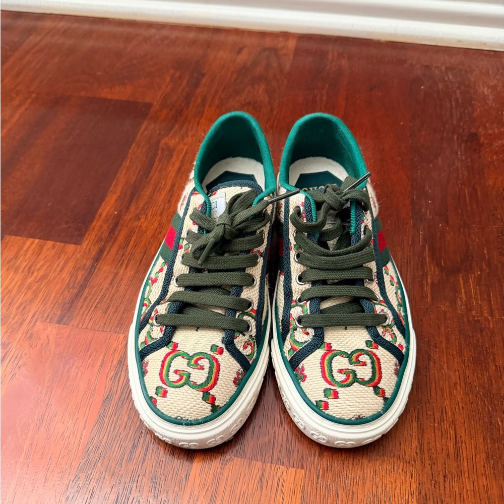 Gucci Green and Cream Patterned Sneakers 36